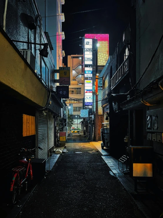a narrow alley in an asian city at night, unsplash contest winner, ukiyo-e, deserted shinjuku junk, 2022 photograph, cyberpunk ”