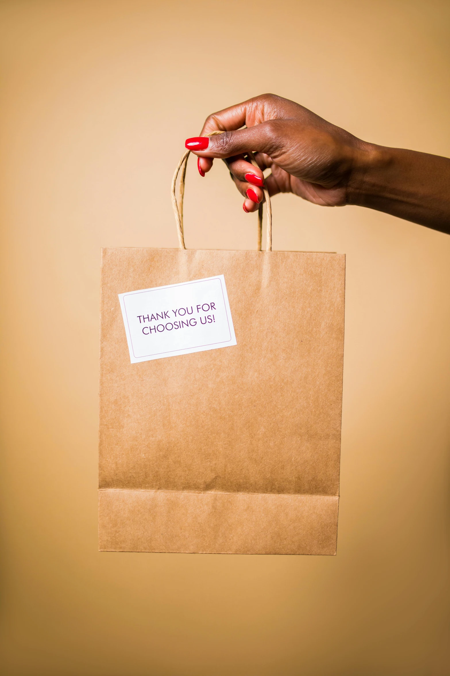 a person holding a brown paper bag with a red handle