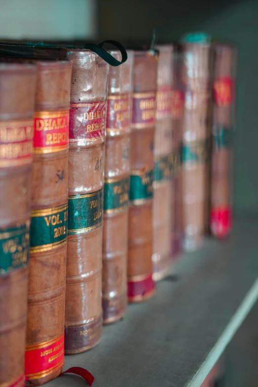 a row of books sitting on top of a shelf, by David Simpson, renaissance, charts, thumbnail, large shot, upclose