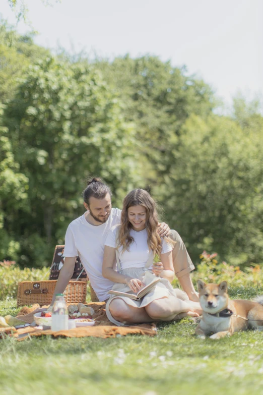 a man and woman sitting on a blanket in a park, food. craft and adventure, with dogs, reading under a tree, product introduction photos