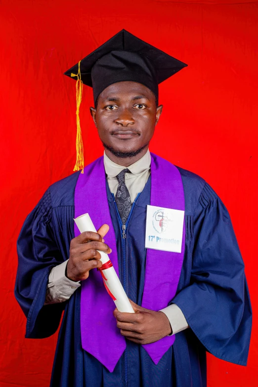 a man in a graduation gown holding a diploma, a picture, by Chinwe Chukwuogo-Roy, professional photo-n 3, religious, portait image, pp