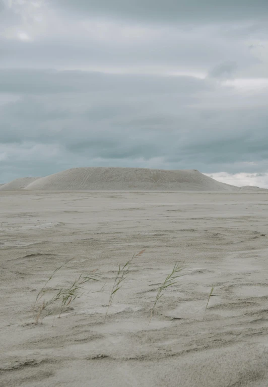 a man riding a surfboard on top of a sandy beach, inspired by Caspar David Friedrich, unsplash, land art, gray wasteland, crater, new zealand landscape, overcast