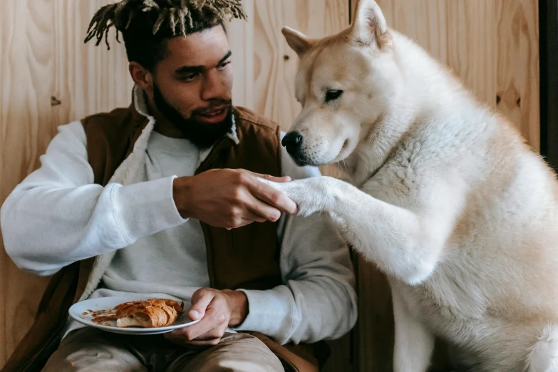 a man feeding a dog a plate of food, trending on pexels, visual art, furry wolf, black man, background image, fashionable