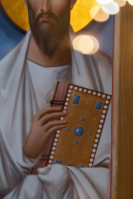 a painting of a man holding a book, inspired by Taddeo Gaddi, cloisonnism, close - up photograph, light from right, toga, lights on