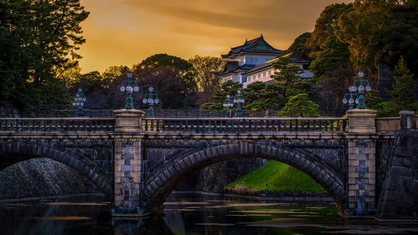 a bridge over a body of water with a castle in the background, inspired by Tōshi Yoshida, pexels contest winner, the imperial palace, golden hour”, instagram photo, hyperdetailed photo