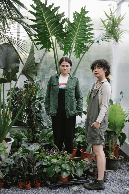 a couple of women standing next to each other in a greenhouse, an album cover, unsplash, rebecca sugar, casual green clothing, like a catalog photograph, cynthwave