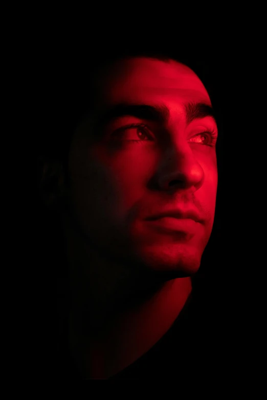 a man with a red light on his face, digital art, inspired by Camilo Egas, pexels contest winner, headshot profile picture, joe taslim, 15081959 21121991 01012000 4k, halfbody headshot