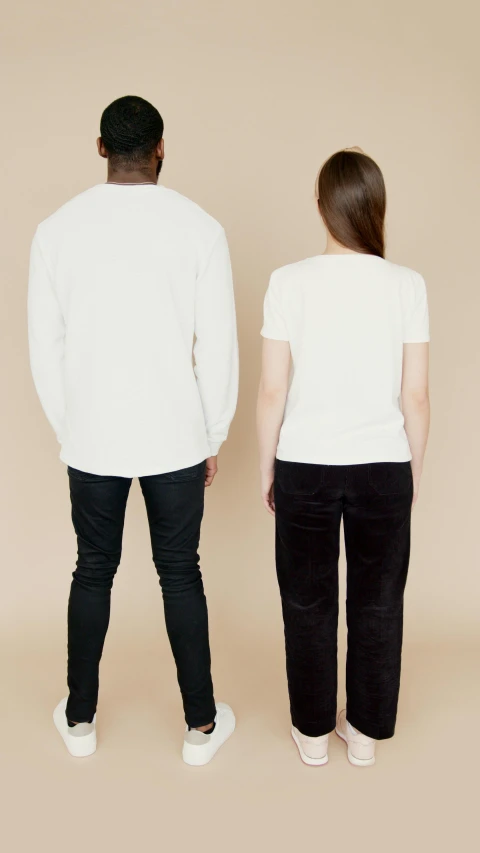 a man and a woman standing next to each other, by Nina Hamnett, shutterstock contest winner, white t-shirt, full growth from the back, studio portrait photo, 15081959 21121991 01012000 4k