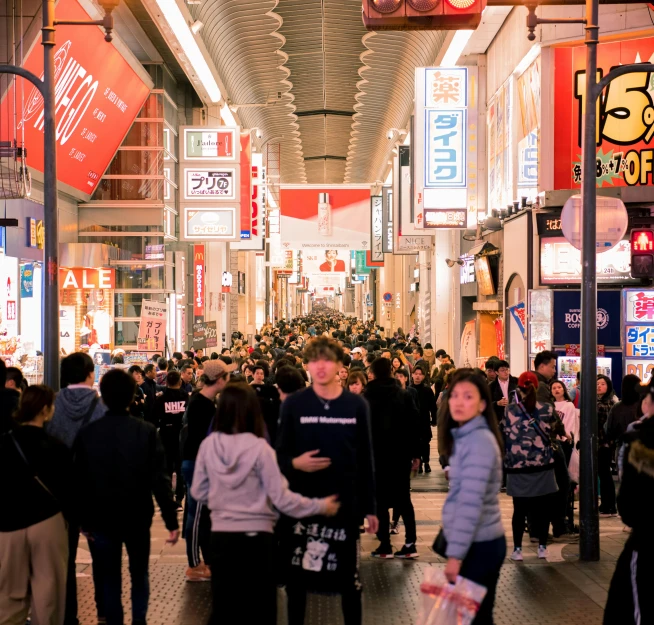 a group of people walking down a crowded street, a picture, trending on unsplash, ukiyo-e, neon lights above shops, 🦩🪐🐞👩🏻🦳, shopping mall, official store photo