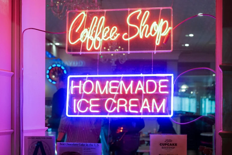 a neon sign in the window of a coffee shop, by Robbie Trevino, pexels, maximalism, ice cream on the side, at a mall, homemade, 💋 💄 👠 👗