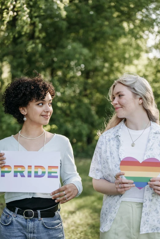 a group of women standing next to each other holding pride signs, trending on pexels, renaissance, two beautiful women in love, profile image, still image, 🚿🗝📝
