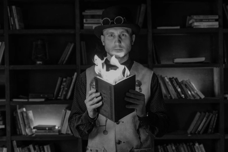 a man standing in front of a bookshelf holding a book, a black and white photo, by Adam Marczyński, pexels contest winner, evil steampunk pyromancer woman, holding fire and electricity, gnome illusionist, gif