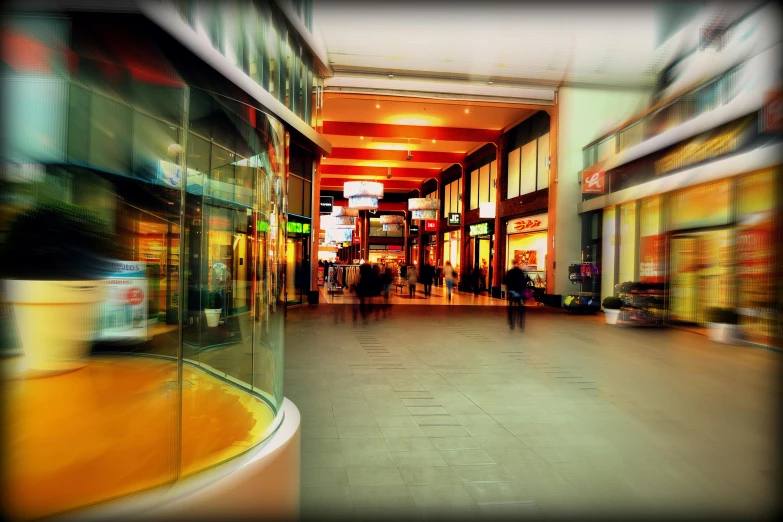 a blurry photo of people walking through a mall, pexels contest winner, hyperrealism, orange glow, old shops, ground level, retro colour