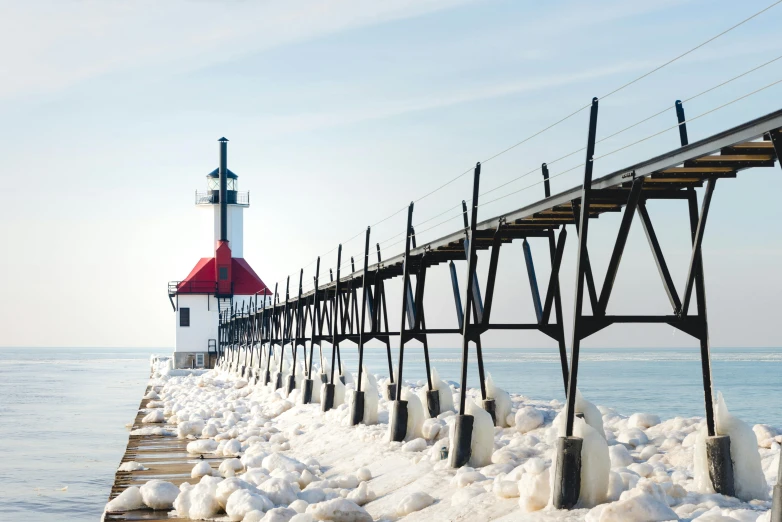 a light house sitting on top of a snow covered pier, listing image, fan favorite, getty images proshot, michigan