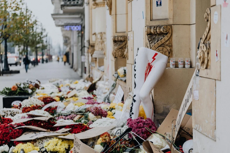 a bunch of flowers that are on the side of a building, standing in a city street, protest, profile image, funeral