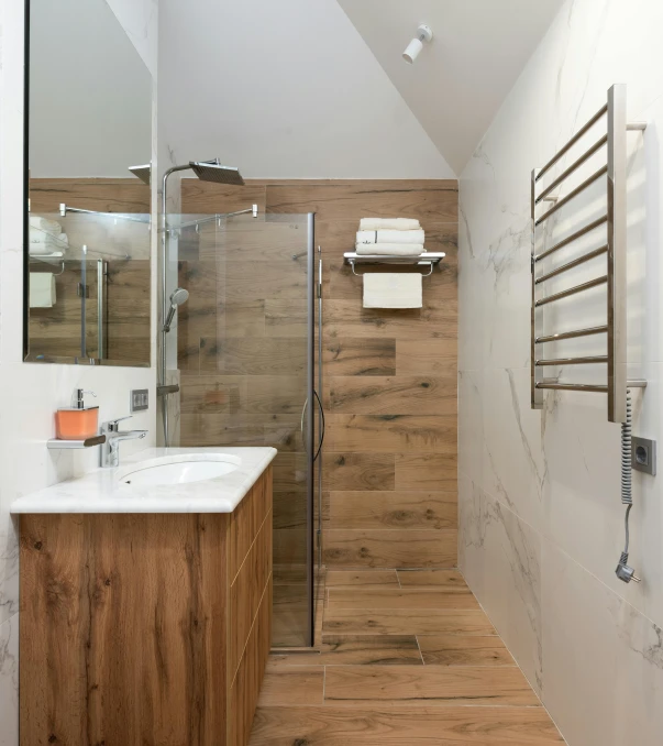 a bathroom with a wooden floor and white walls, a portrait, by Adam Marczyński, shutterstock, square, castelvania, demur, brown