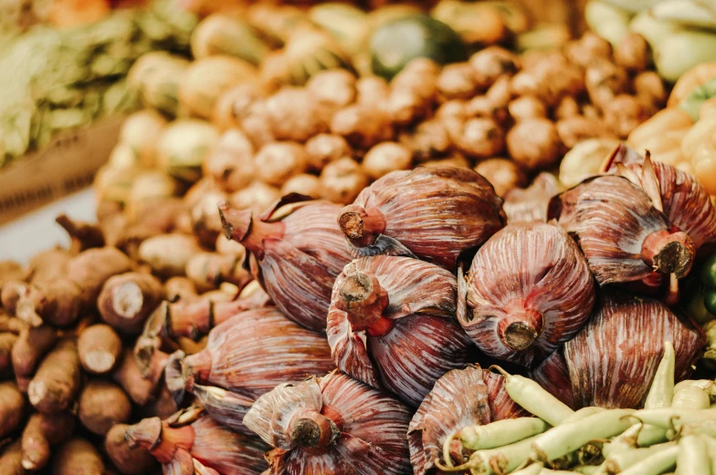 a table topped with lots of different types of vegetables, a photo, pexels, renaissance, artichoke, brown, coconuts, retro stylised