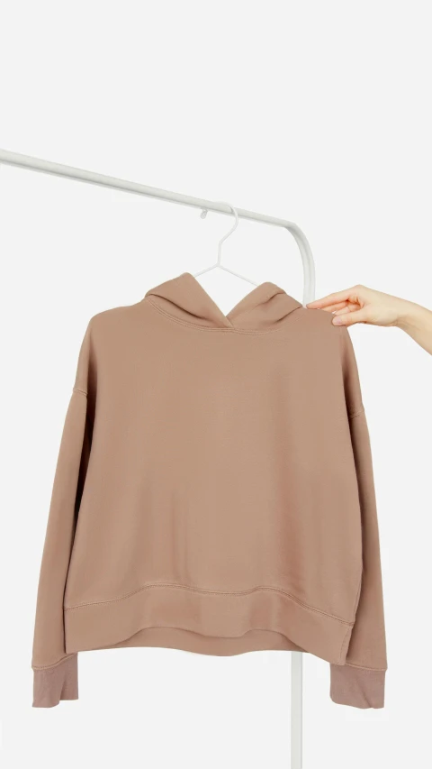 a woman holding a sweater on a hanger, by Matija Jama, trending on unsplash, minimalism, beige hoodie, low quality photo, thumbnail