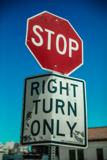 a stop sign next to a right turn only sign, by Ryan Pancoast, regionalism, square, highly upvoted, 1 2 9 7