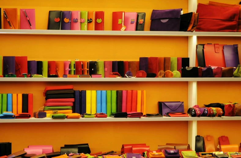 a bookshelf filled with lots of different colored books, pexels, color field, bags, orange neon, leather clothing, shop front