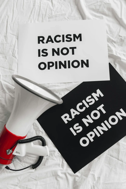 a sign that says racism is not opinion next to a megaphone, a black and white photo, trending on pexels, flatlay, profile picture, b