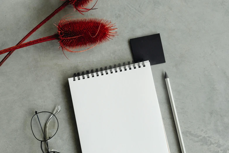 a notepad sitting on top of a table next to a pair of glasses, inspired by artist, trending on pexels, silver white red details, botanicals, square lines, graphite