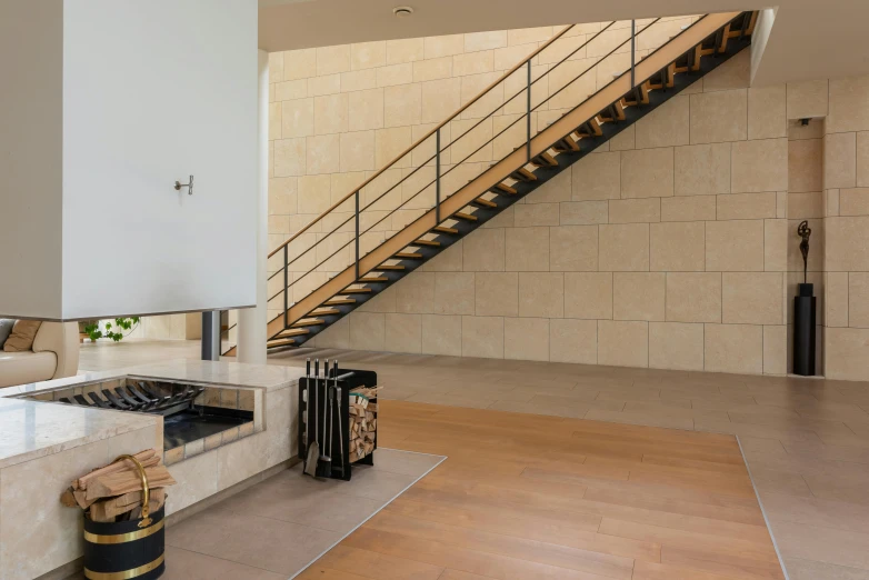 a living room filled with furniture and a staircase, an album cover, pexels contest winner, light and space, white travertine terraces, warm fireplace, extra detail, extra high resolution