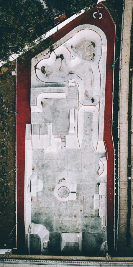 an aerial view of a hot tub on the side of a building, by Daniel Lieske, unsplash contest winner, graffiti, skate park, white and red color scheme, 15081959 21121991 01012000 4k, floor plan view