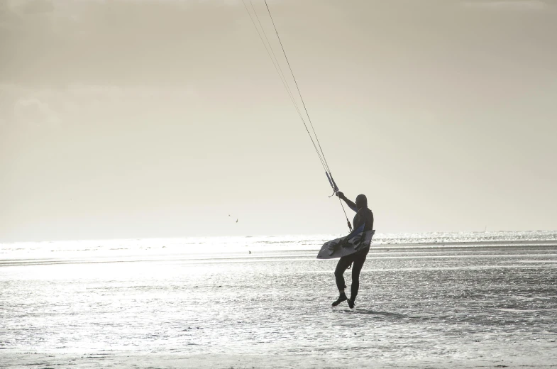 a person is flying a kite on the beach, a picture, by Andries Stock, unsplash contest winner, skiing, grey, clear silhouette, high details