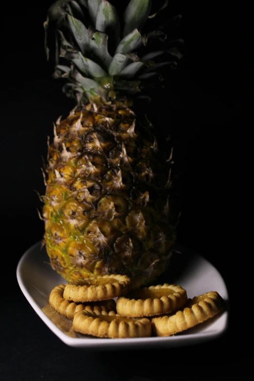 a pineapple sitting on top of a white plate, in the dark, cookies, crisp image