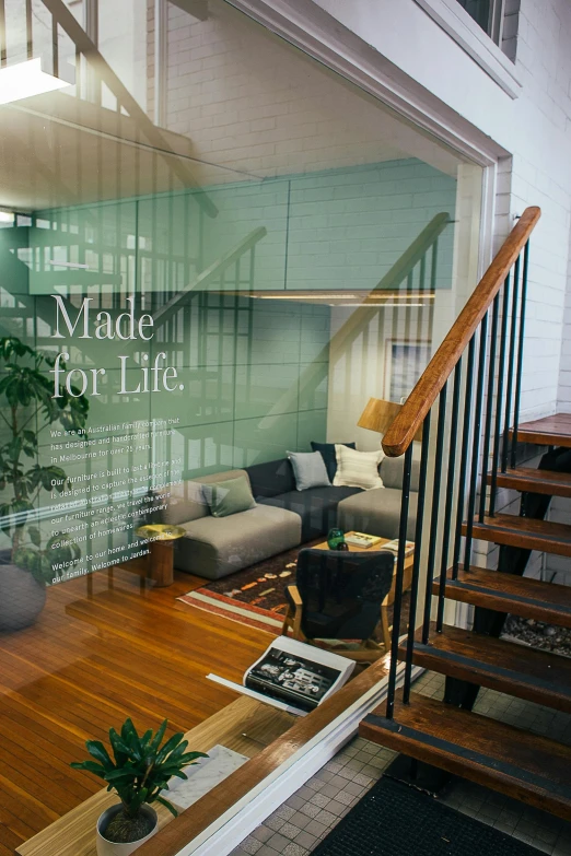 a living room filled with furniture and a glass wall, a picture, by Alice Mason, instagram, modernism, stairway, healthcare, studio photo, indi creates