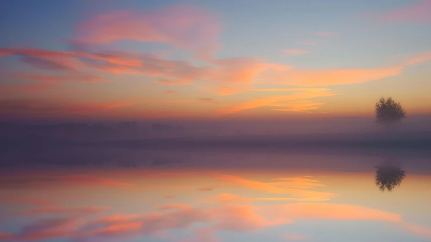 a large body of water with trees in the background, a picture, by Jan Rustem, minimalism, colourful sky, abstract mirrors, soft light - n 9, calm sea