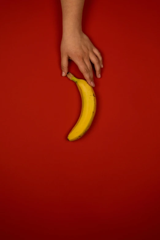 a person reaching for a banana on a red background, by Andrew Domachowski, contracept, erotic, ap, 🍸🍋