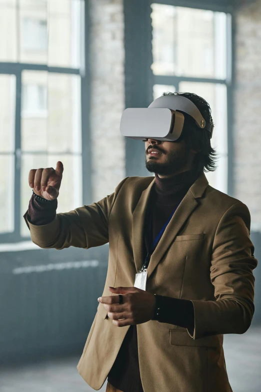 a man in a suit wearing a virtual reality headset, trending on pexels, renaissance, panels, iconic design, cinematic still, cardboard