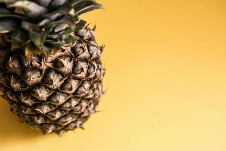 a close up of a pineapple on a yellow surface, by Carey Morris, trending on unsplash, fan favorite, pinecone, from the side, cooked