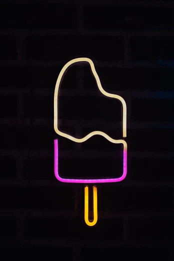 a neon ice cream on a stick against a brick wall, inspired by Bruce Nauman, unsplash, pop art, thumb up, curves, detailed product shot, large tall