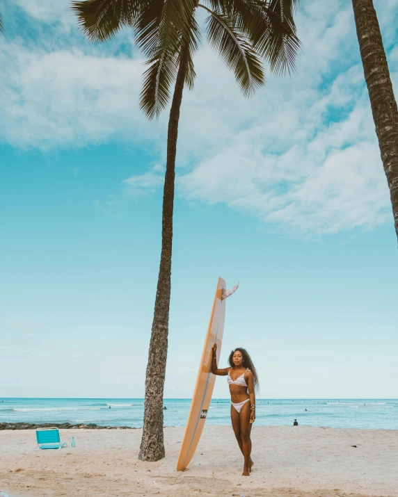 a woman standing on a beach holding a surfboard, by Olivia Peguero, palm tree, madison beer, billboard image