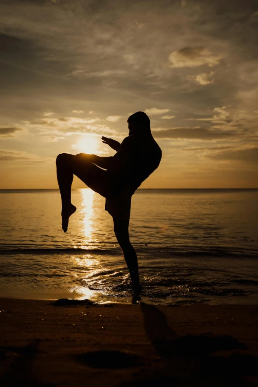 a person doing a kick on the beach at sunset, inspired by Liao Chi-chun, heroic muay thai stance pose, reflecting, 2019 trending photo, jamaica