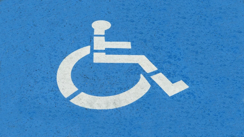 a handicap sign painted on a blue surface, an album cover, unsplash, hurufiyya, computer generated, wheels, professional shading, paved