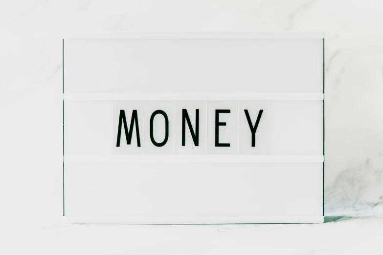 a white lightbox with the word money written on it, by Emma Andijewska, trending on unsplash, 🦩🪐🐞👩🏻🦳, modern minimalist f 2 0 clean, panel, 3 4 5 3 1