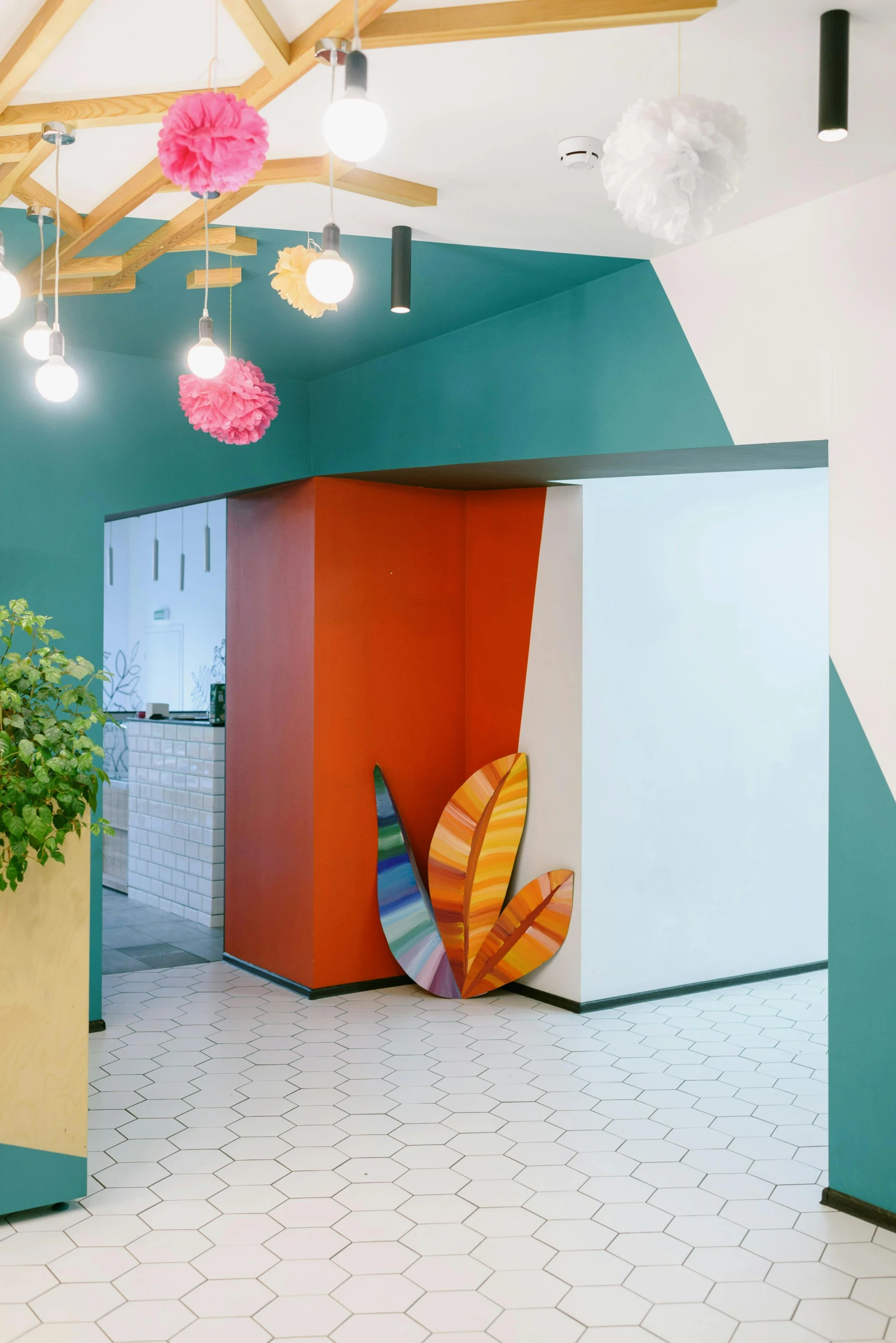 a room that has a bunch of plants in it, a digital rendering, inspired by Reinier Nooms, unsplash, maximalism, orange and cyan paint decals, an empty office hallway, kitchenette and conferenceroom, origami studio 3 design