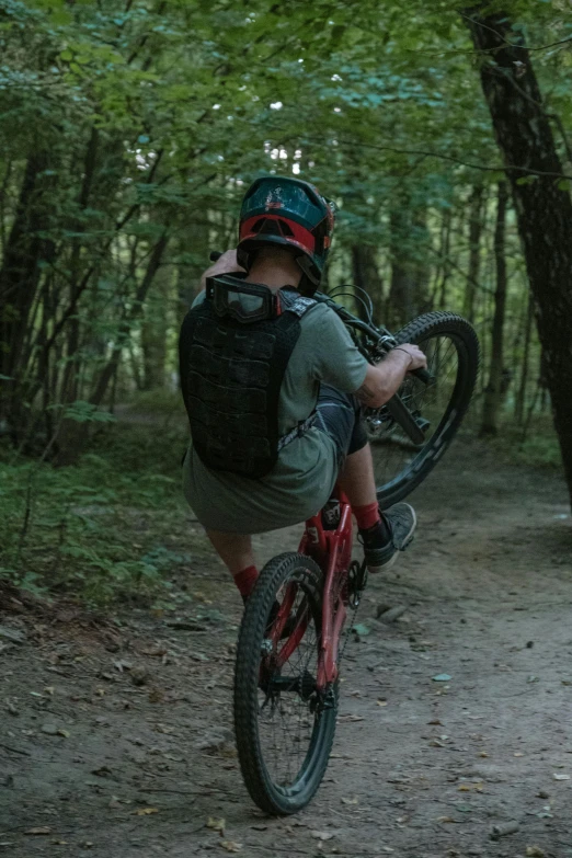 a man riding a bike down a dirt road, a man wearing a backpack, in the wood, profile image, body armor