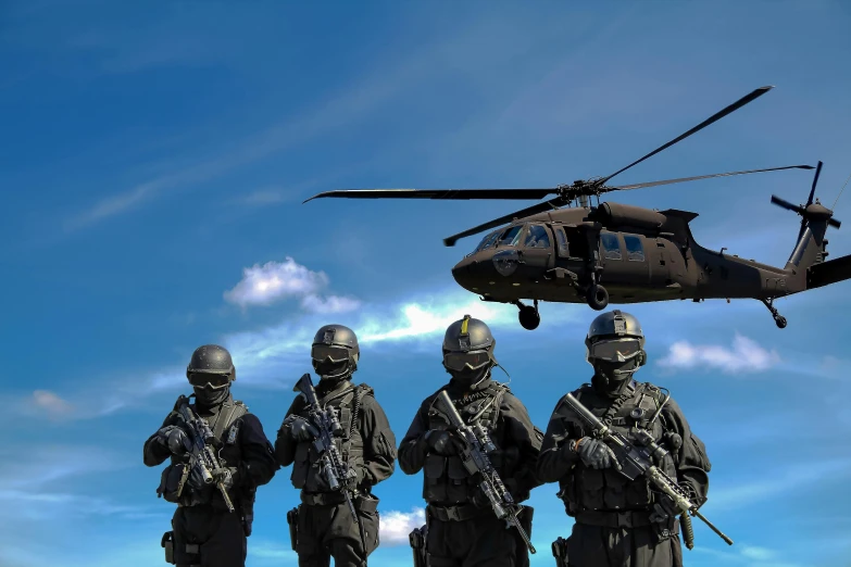 a group of soldiers standing in front of a helicopter, a cartoon, pexels contest winner, hurufiyya, special forces security, cgi style, plain uniform sky, emergency countermeasures