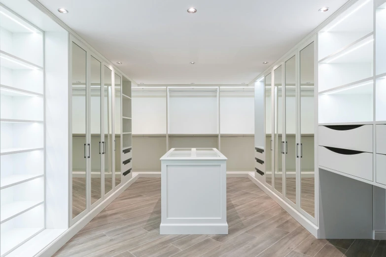 a walk in closet with white cabinets and drawers, unsplash, minimalism, esher, ultra wide angle isometric view, mirrored, “ full body