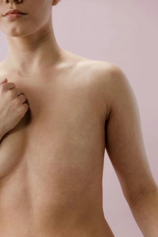 a close up of a person with no shirt on, happening, smooth pink skin, plain background, chest coverd, upper body image