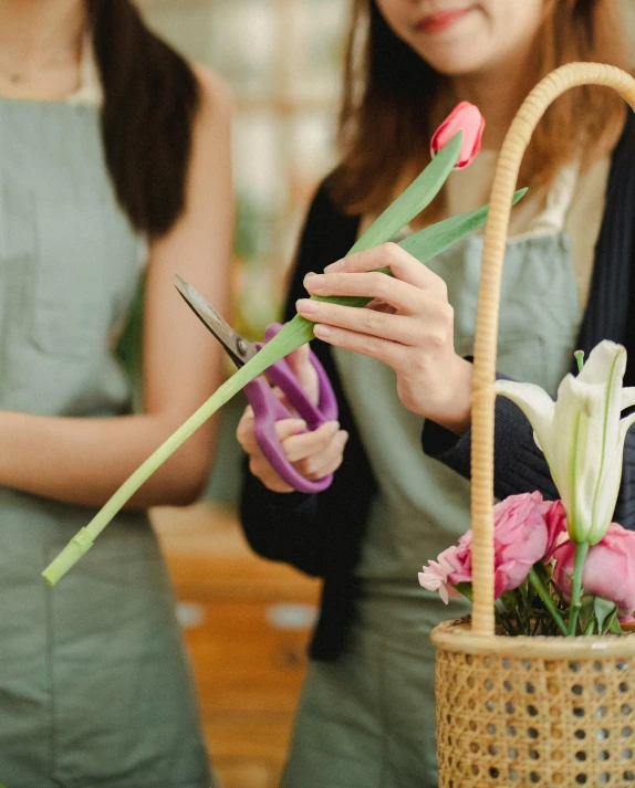 two women standing next to each other with flowers in a basket, pexels contest winner, scissors in hand, insisted on cutting in line, promo image, inspect in inventory image