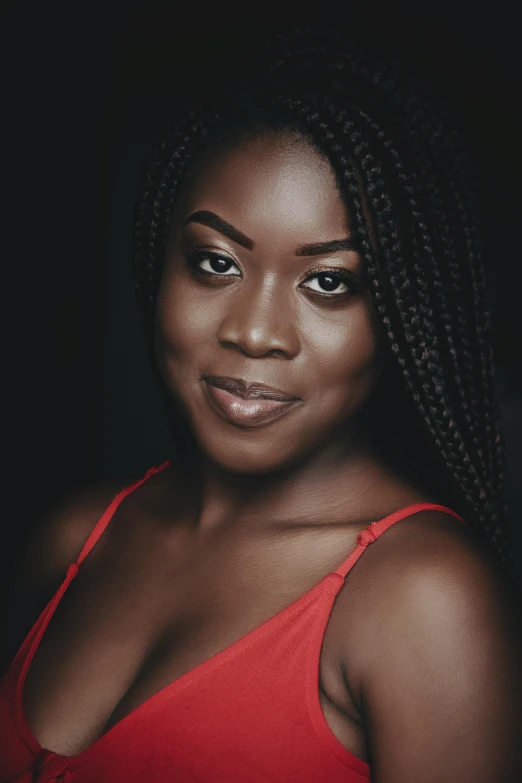 a woman in a red top posing for a picture, inspired by Chinwe Chukwuogo-Roy, pexels contest winner, happening, dark brown skin, acting headshot, desaturated, ((portrait))