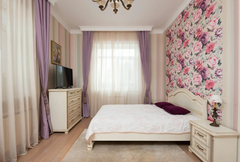 a bed room with a neatly made bed and a chandelier, by Alexander Fedosav, unsplash, romanticism, tall purple and pink trees, khreschatyk, 000 — википедия, beige