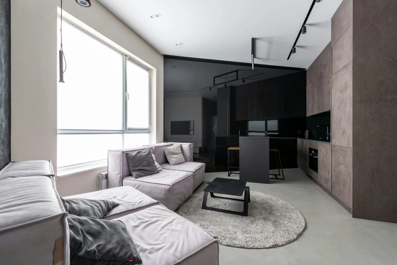 a living room filled with furniture and a large window, a 3D render, by Adam Marczyński, unsplash contest winner, minimalism, apartment with black walls, polished concrete, cool purple grey lighting, small bedroom
