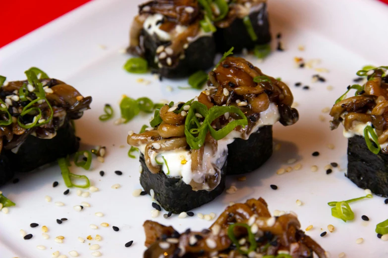 a close up of a plate of food on a table, inspired by Maki Haku, mushrooms, cheesy, sticky, profile image